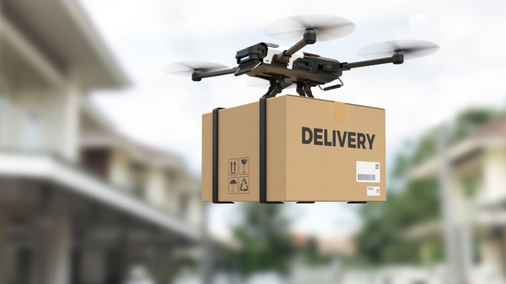 Drone fazendo transporte (delievery) de uma encomenda.