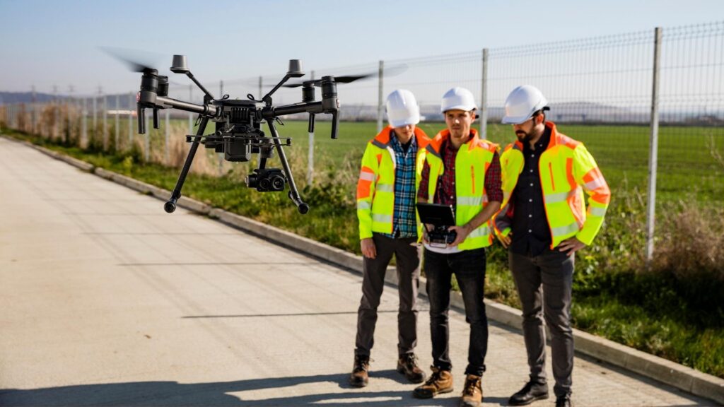 Três homens usando equipamentos de proteção enquanto um deles pilota um drone.