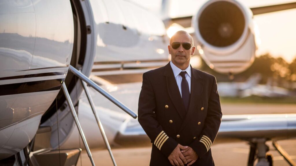 Piloto em pé ao lado de avião executivo aguardando passageiros.