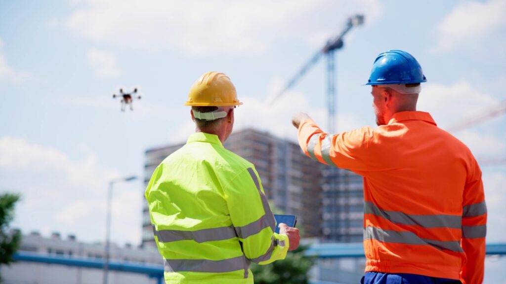Operários conversando enquanto operam drone em obra de engenharia e construção.
