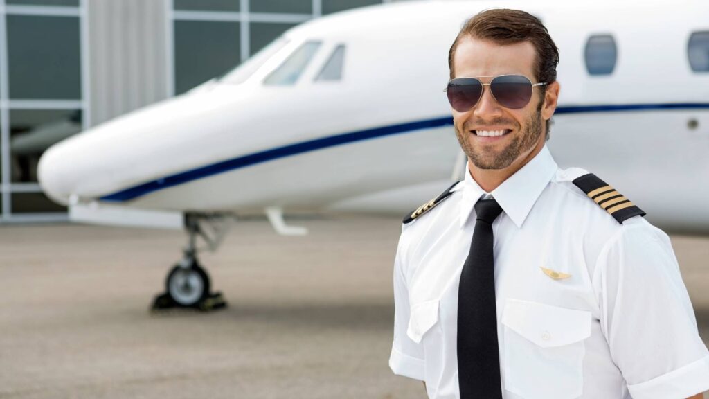 Piloto ao lado de jato executivo Cessna Citation.
